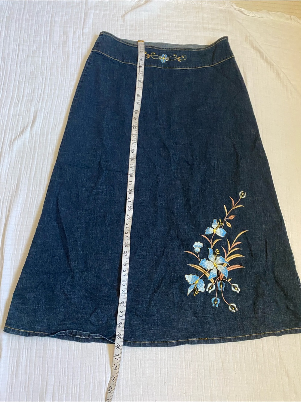 NC NEW CREATION 70% Cotton Embroidered Dark Blue Denim A-Line Skirt - Picture 6 of 8